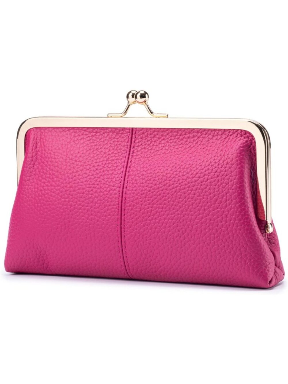 Stylish Hot Pink Leather Wallet with Kiss Lock, Card Slots & Phone Holder